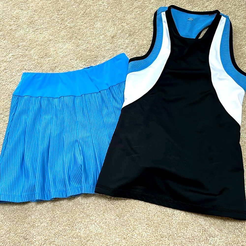 🌸 Pleated Tail Tennis Skirt in Light Blue, Black and White and Matching Top